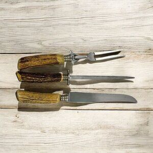 Vintage Splingen Germany 3 Pc Genuine Antler Handle Carving Set Stainless Steel